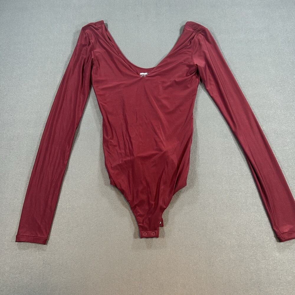Aerie Smoothez Bodysuit Maroon Long Sleeve Plunge V-Neck Thong Size S